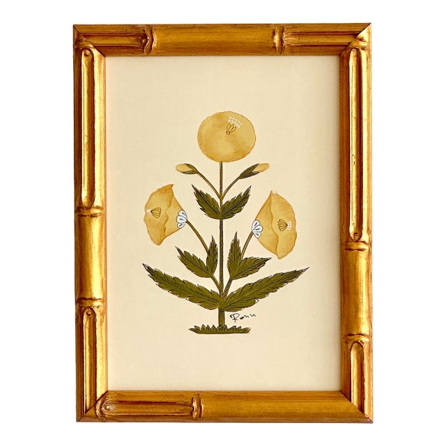 Hand-Painted Jaipuri Yellow Floral Motif Painting. Framed For Sale
