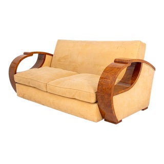 Art Deco Style Ash Burl Upholstered Sofa For Sale