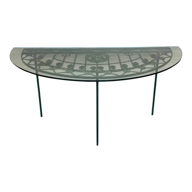 19th Spanish Wrought Iron Demilune Green Console Table For Sale