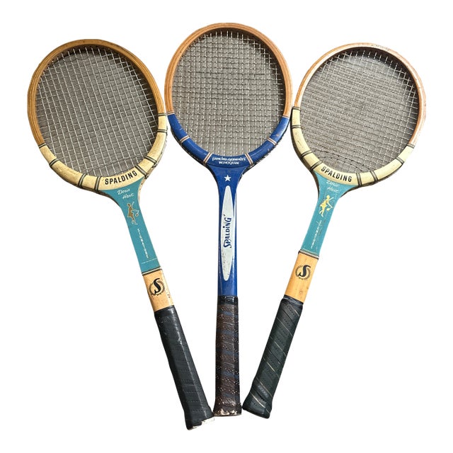 Vintage Collection of Blue Wooden Tennis Rackets For Sale
