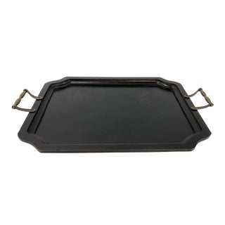 Large Scalloped Rim Wood Tray With Brass Handles For Sale