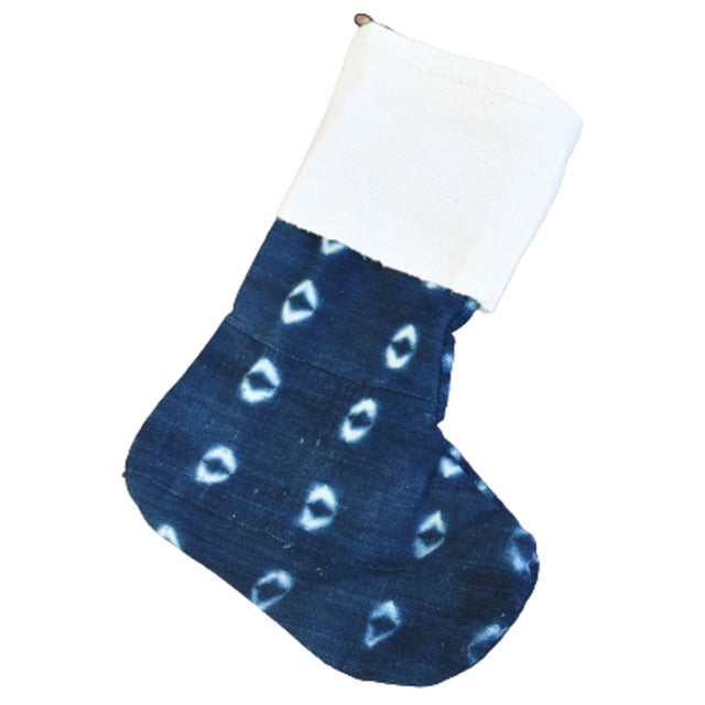 Set of two blue and white custom-tailored one-of-a-kind vintage African textile Christmas stockings. Double-sided with...