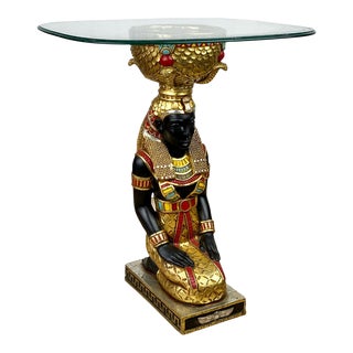 Egyptian Art Deco Style Figural Goddess Glass Server Side Table For Sale