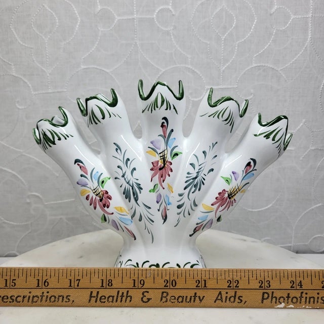 Vintage RCCL Portugal White Floral Hand Painted 5 Finger Tulipiere Bud Vase For Sale - Image 9 of 9