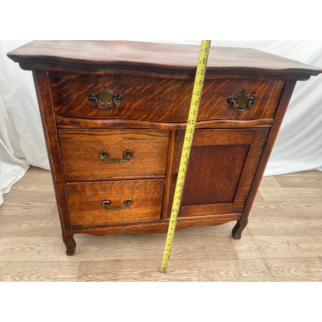 Antique Cabinet Commode Vanity, Three Drawers, Quarter Sawed Tiger Oak For Sale - Image 9 of 10