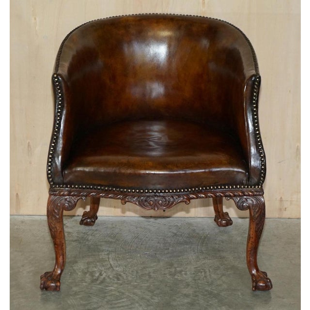 Set of Antique Carved Claw & Ball Tub Armchairs in the style of Thomas Chippendale, 1880 For Sale - Image 3 of 18