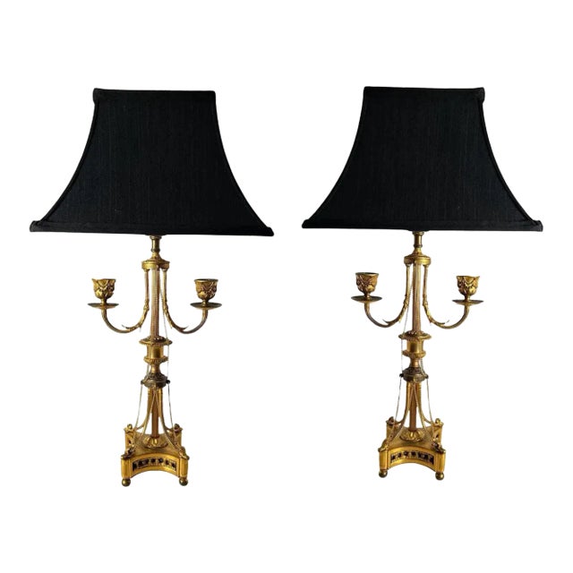 Antique Louis XVI Style Bronze Dore Candelabra as a Lamp With Chains - a Pair For Sale