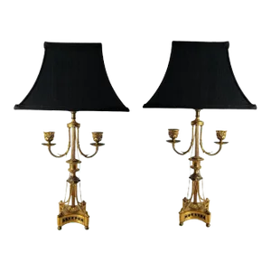 Antique Louis XVI Style Bronze Dore Candelabra as a Lamp With Chains - a Pair