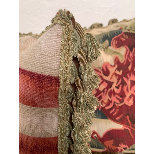 Ruby Red Contemporary Striped Lion Aubusson Throw Pillows - A Pair For Sale - Image 8 of 9