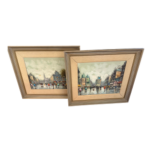 Paris Street Scenes Circa 1960 Oil Paintings a Pair