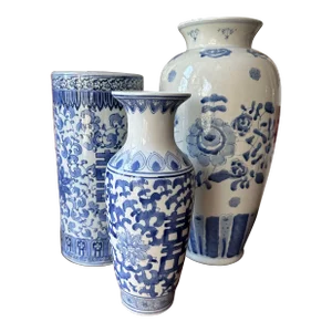 Set of 3 Decorative Blue and White Chinese Porcelain Vases