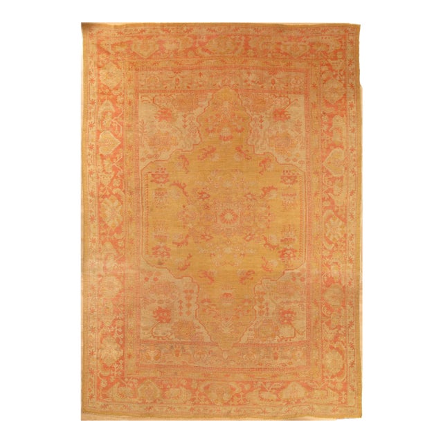 Antique Turkish Oushak Carpet, Handmade Oriental Rug, Gold, Taupe, Shrimp Coral For Sale