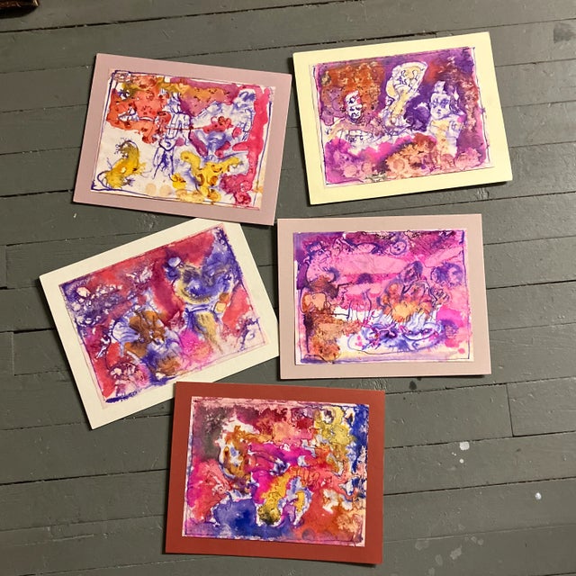 Pink 1980’s Gallery Wall Collection 5 Abstract Watercolor Paintings -Set of 5 For Sale - Image 8 of 8