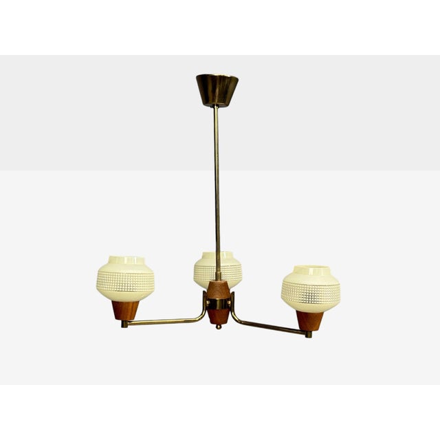 1950s Swedish Modern, Pendant Light, Brass Teak, Textured Glass, Sweden, 1950s For Sale - Image 5 of 9