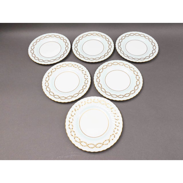 Contemporary Late 20th Century Minton England Tiffany S600 Gold Laurel Leaf Light Blue Luncheon Plates- Set of 6 For Sale - Image 3 of 7