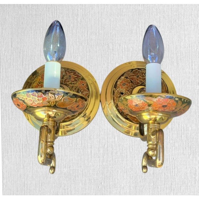 1970s Vintage Brass Cloisonne Black Red Chinoiserie Wall Sconce Lamps- A Pair For Sale - Image 5 of 10