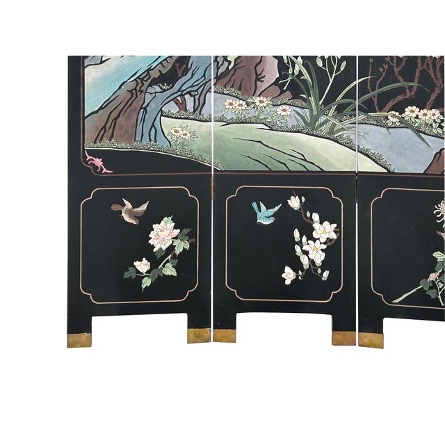 Wood Chinese Black Base Color Flower Birds Graphic Floor Screen Divider For Sale - Image 7 of 16