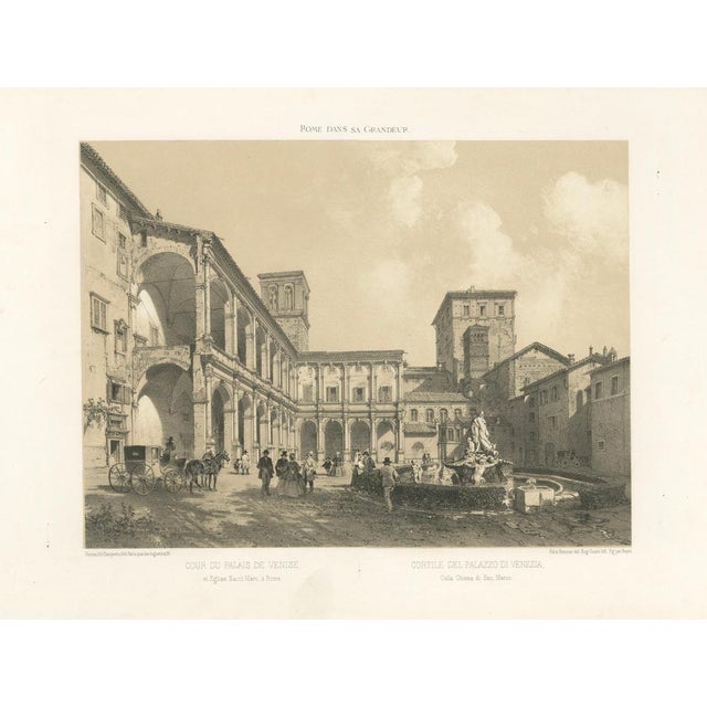 Title: Courtyard of Palazzo Venezia, Rome – Benoist 1869 Lithograph : This refined 19th-century lithograph depicts the...