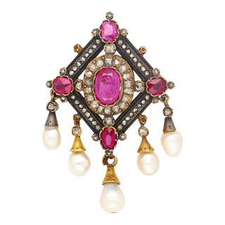 Antique Victorian No-Heat Ruby, Pearl, & Diamond Gold/Silver Brooch For Sale