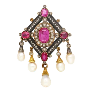 Antique Victorian No-Heat Ruby, Pearl, & Diamond Gold/Silver Brooch