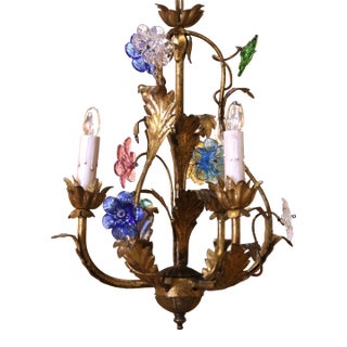 Early 20th Century French Gilt Tole Three-Light Chandelier With Glass Flowers For Sale