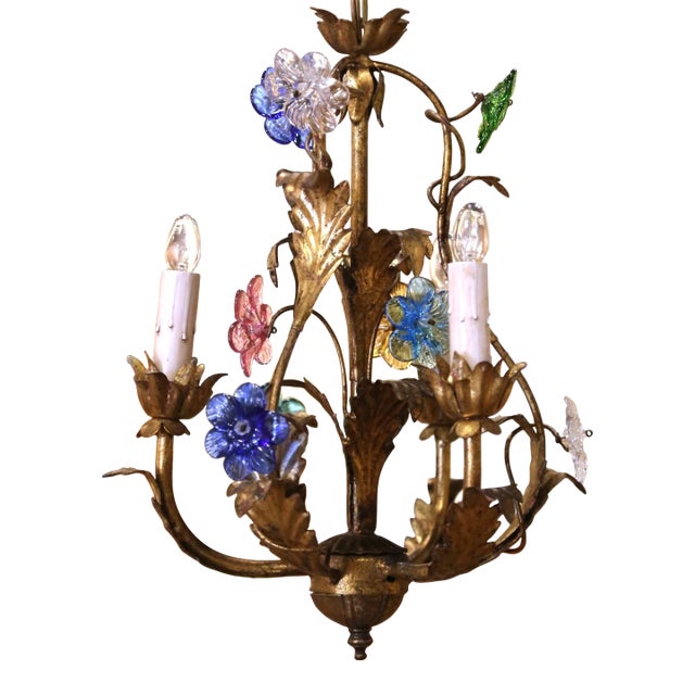 Early 20th Century French Gilt Tole Three-Light Chandelier With Glass Flowers For Sale
