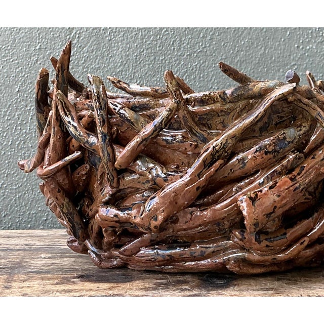 Vintage Rustic Brown Ceramic Twig Bowl For Sale - Image 11 of 13