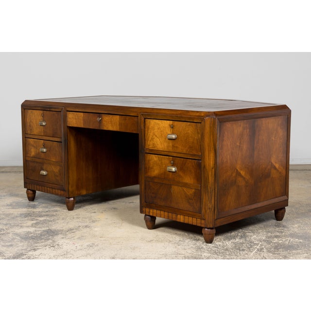 1930s French Art Deco Walnut Partner Desk With Leather Top For Sale - Image 17 of 18
