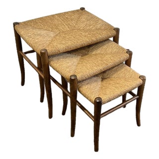 Vintage Mid Century Piazza Original Italian Set of 3 Rush Seat Nesting Stools/Tables, Attributed to Gio Ponti For Sale