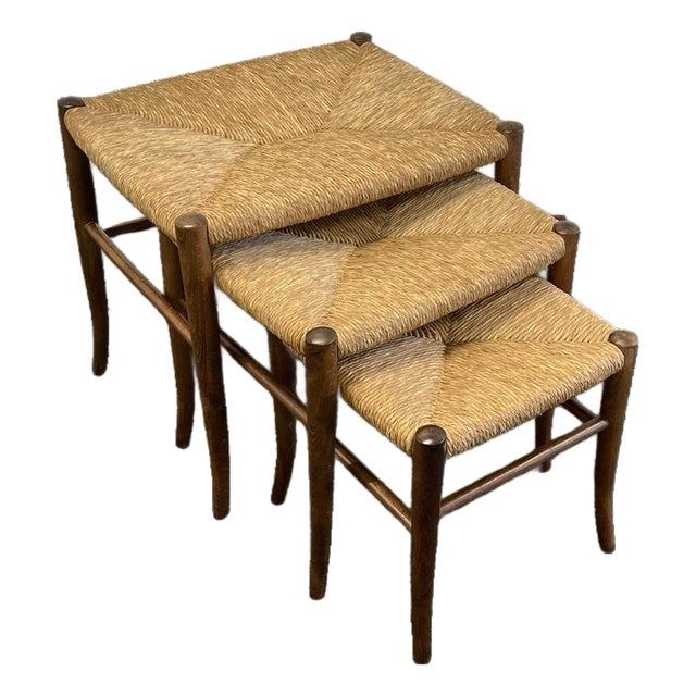 Vintage Mid Century Piazza Original Italian Set of 3 Rush Seat Nesting Stools/Tables, Attributed to Gio Ponti For Sale