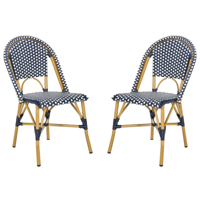 Navy Blue Indoor-Outdoor French Bistro Stacking Side Chair in Navy & White & Light Brown - a Pair For Sale - Image 8 of 8