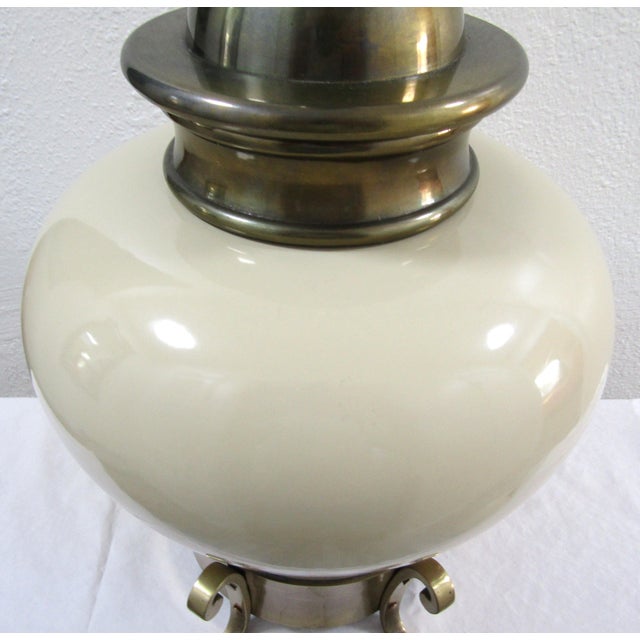 1979 Chapman Chinoiserie Cream Ceramic and Brass Table Lamp and Linen Shade For Sale - Image 10 of 12