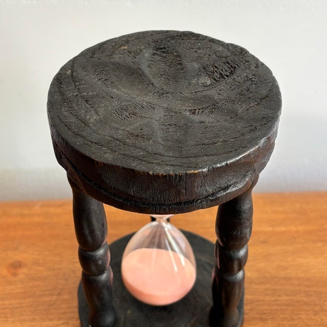 Vintage Rustic Carved Wood and Glass Hourglass For Sale - Image 4 of 6