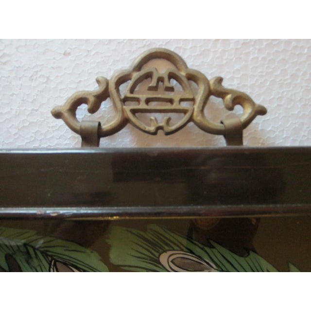 1930s Chinese Dragon Painted Glass Colored Flowers White Clouds Brown Wood Frame Brass Hanging Hardware For Sale In Los Angeles - Image 6 of 14