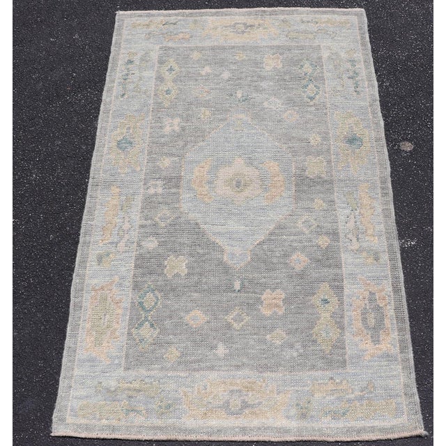Turkish Oushak Rug With Soft Gray Field and Pale Blue Medallion For Sale - Image 12 of 12