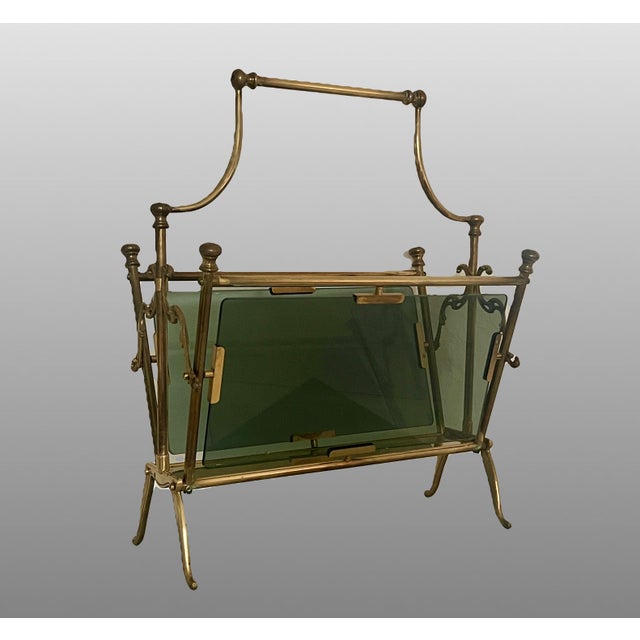French Brass & Smokey Gray Glass Magazine Rack Attr. To Maison Bagues / Jansen, France For Sale In Tampa - Image 6 of 9