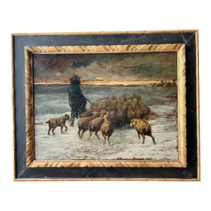 French Barbizon Painting “Sheep in Blizzard” Signed Gustave Courbet.