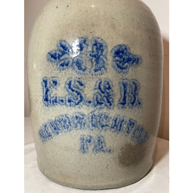 American Antique 1800's e.s. & B. New Brighton 3 Stoneware Salt Glazed Cobalt Pottery Jug For Sale - Image 3 of 14