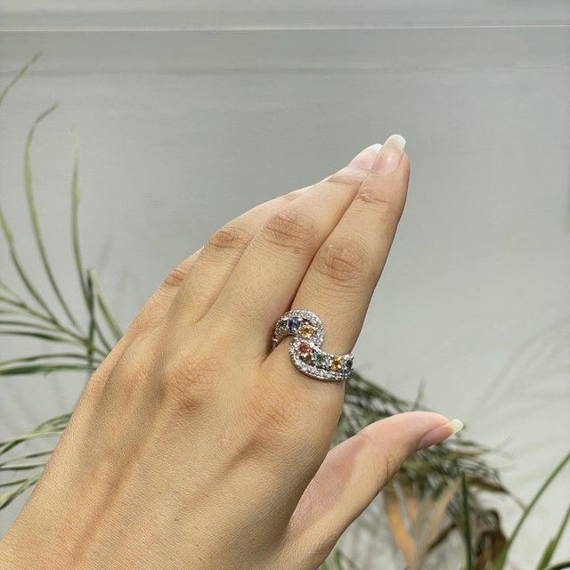 Gemstone 925 Sterling Silver Open Wrap Ring With Multi-Sapphires & Diamonds, Size 7 For Sale - Image 7 of 15