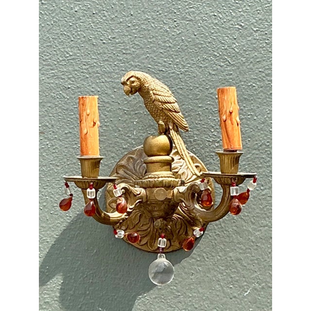Metal Vintage Brass and Crystal Parrot Sconce For Sale - Image 7 of 12