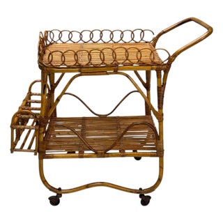 Italian Modern, Bamboo, Rattan, Metal, Bar Cart, Italy, 1960s For Sale