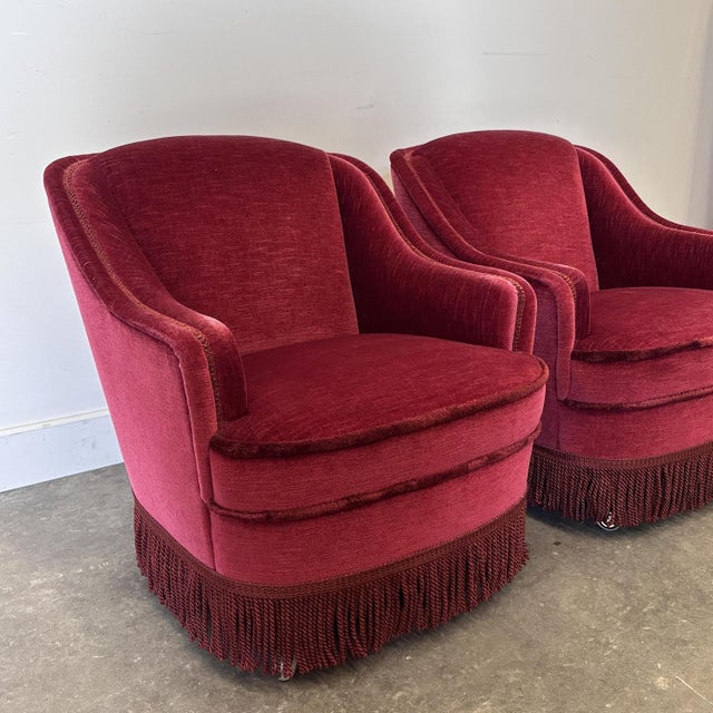 Vintage French Club Chairs in Red Velvet with Fringe Skirts, 1960s, Set of 2 For Sale - Image 11 of 14