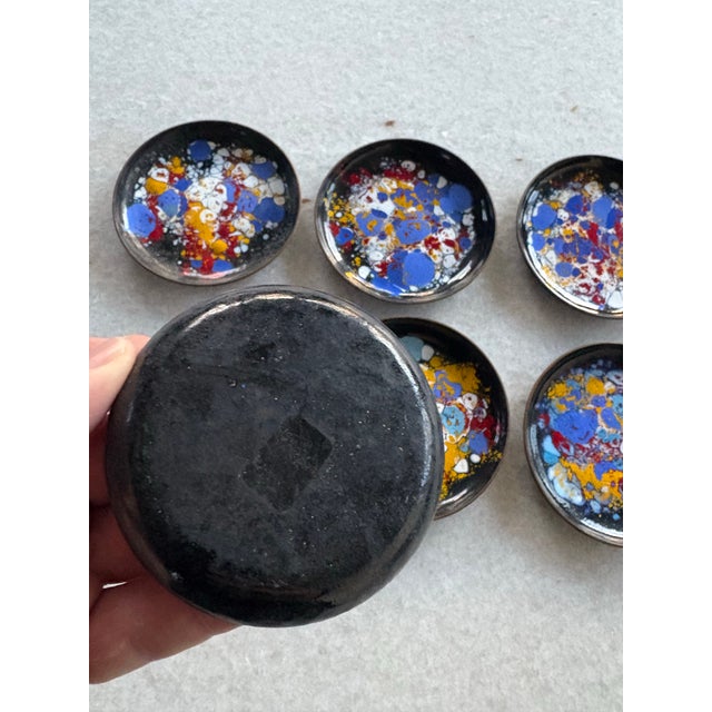 1970s MCM Copper With Enamel Painted Design Coasters, Set of 6 For Sale - Image 4 of 4