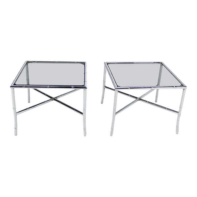 Chrome Faux Bamboo X Base End Tables with Smoked Glass Tops Mid Century - A Pair For Sale