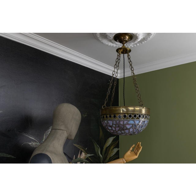 Art Nouveau French Blue and Violet Stained Glass Pendant Light, 1920s For Sale - Image 12 of 18