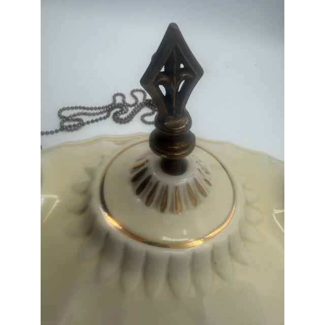 1940s Vintage Art Deco Ivory & Gold Porcelain Pull-Chain Ceiling Light For Sale - Image 5 of 11