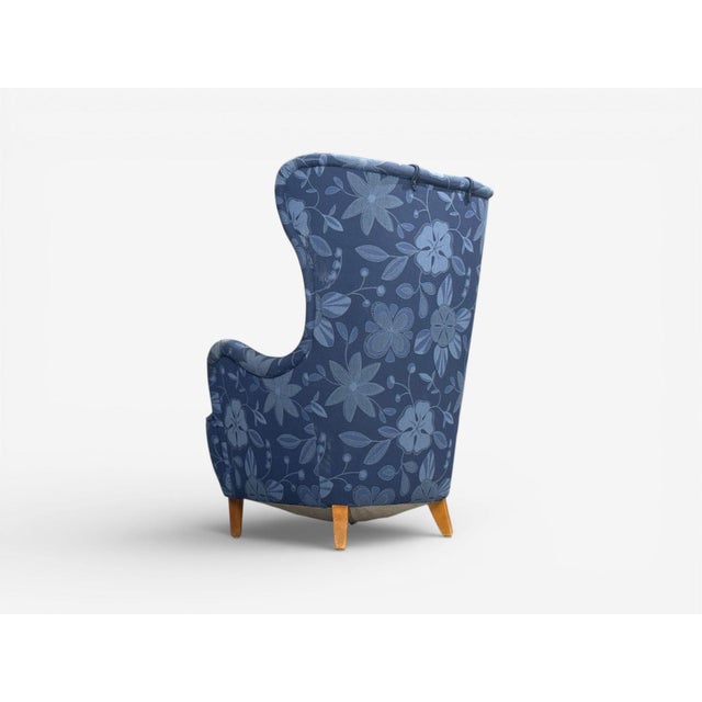 Danish Modern, Wingback Chair, Blue Fabric, Wood, Denmark, 1940s For Sale - Image 9 of 10