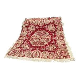 Antique 19th Century Red and Cream Jacquard Woven Fringed Coverlet With Damask or Paisley Design