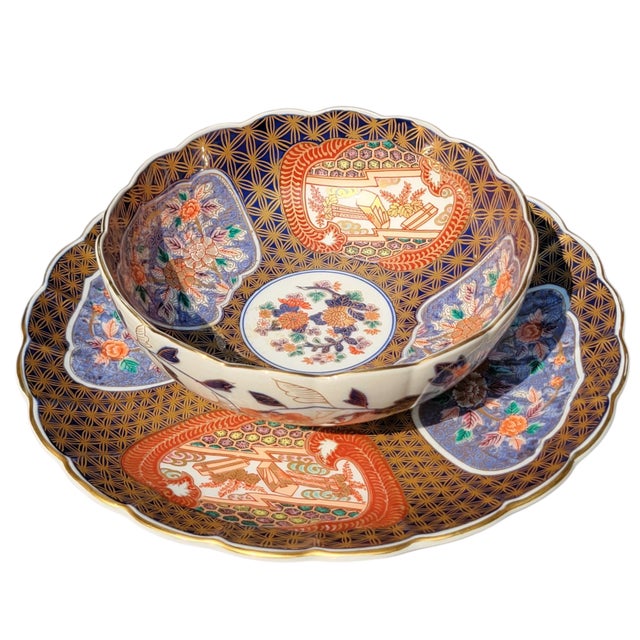 Mid-Century Showa Era Japanese Imari Porcelain Charger and Bowl Kinrande Style Arita Ware For Sale - Image 12 of 17