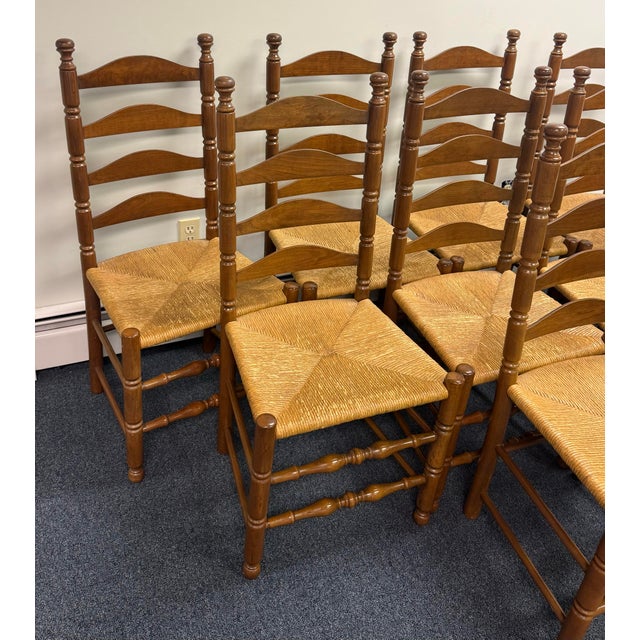 English Set of 8 Solid Cherry Ladderback Rush Seat Dining Chairs - Attributed to Pennsylvania House For Sale - Image 3 of 12